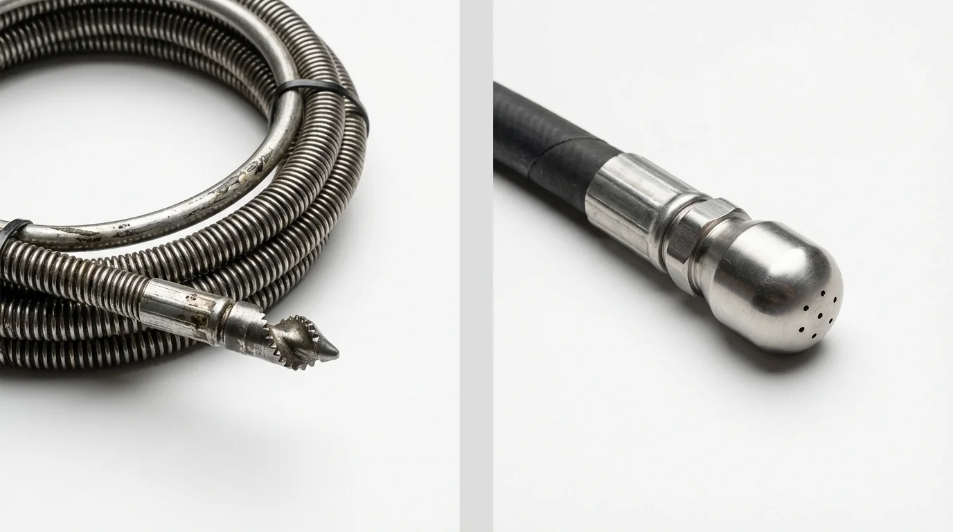 Drain snake cable and hydro jetting nozzle used for drain cleaning in Eaton, OH