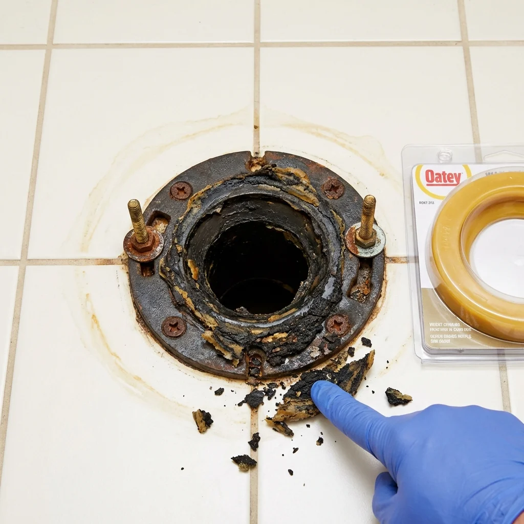 Failed wax ring showing water seepage at the base of a toilet in a Eaton, OH home