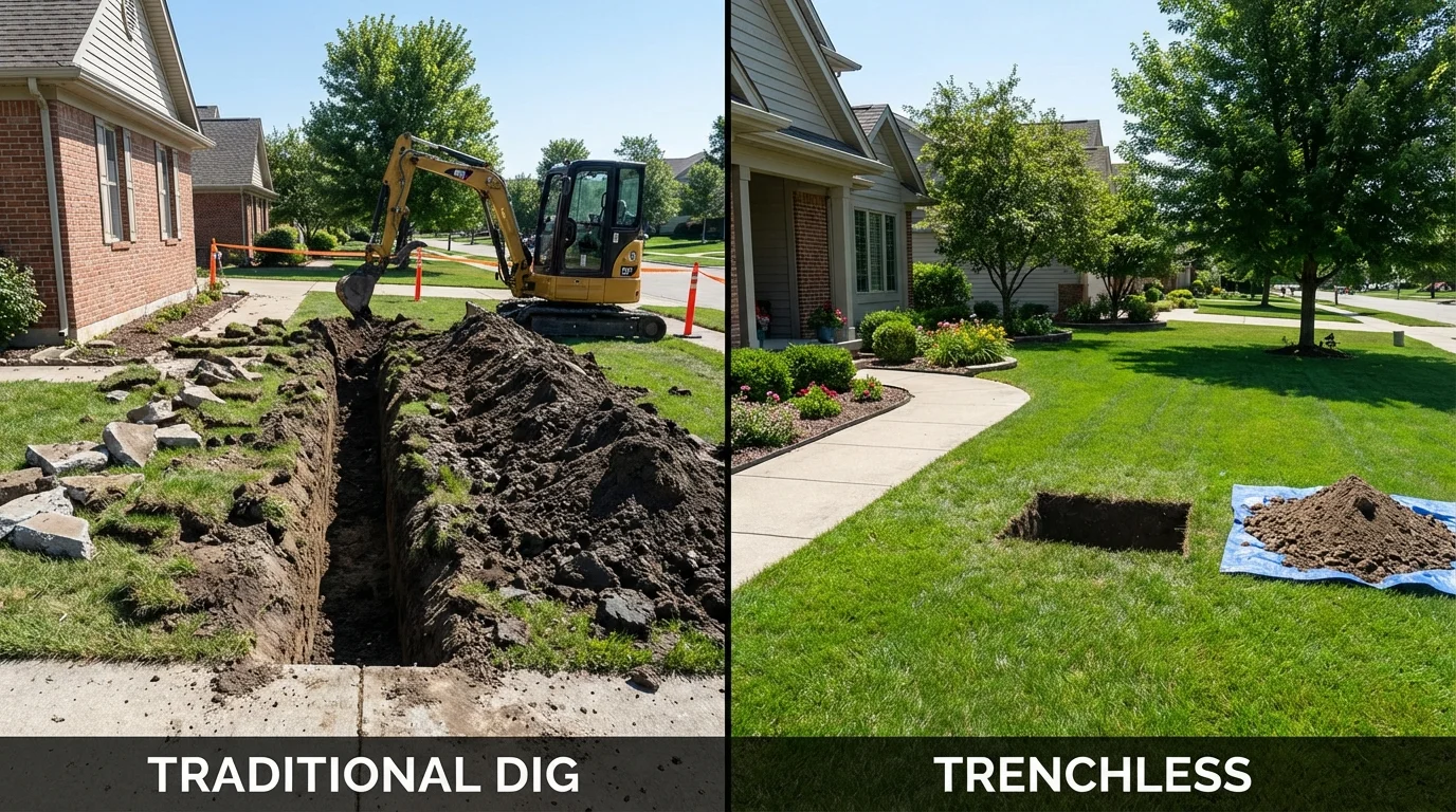Trenchless sewer repair with minimal yard damage versus traditional excavation in Eaton, OH