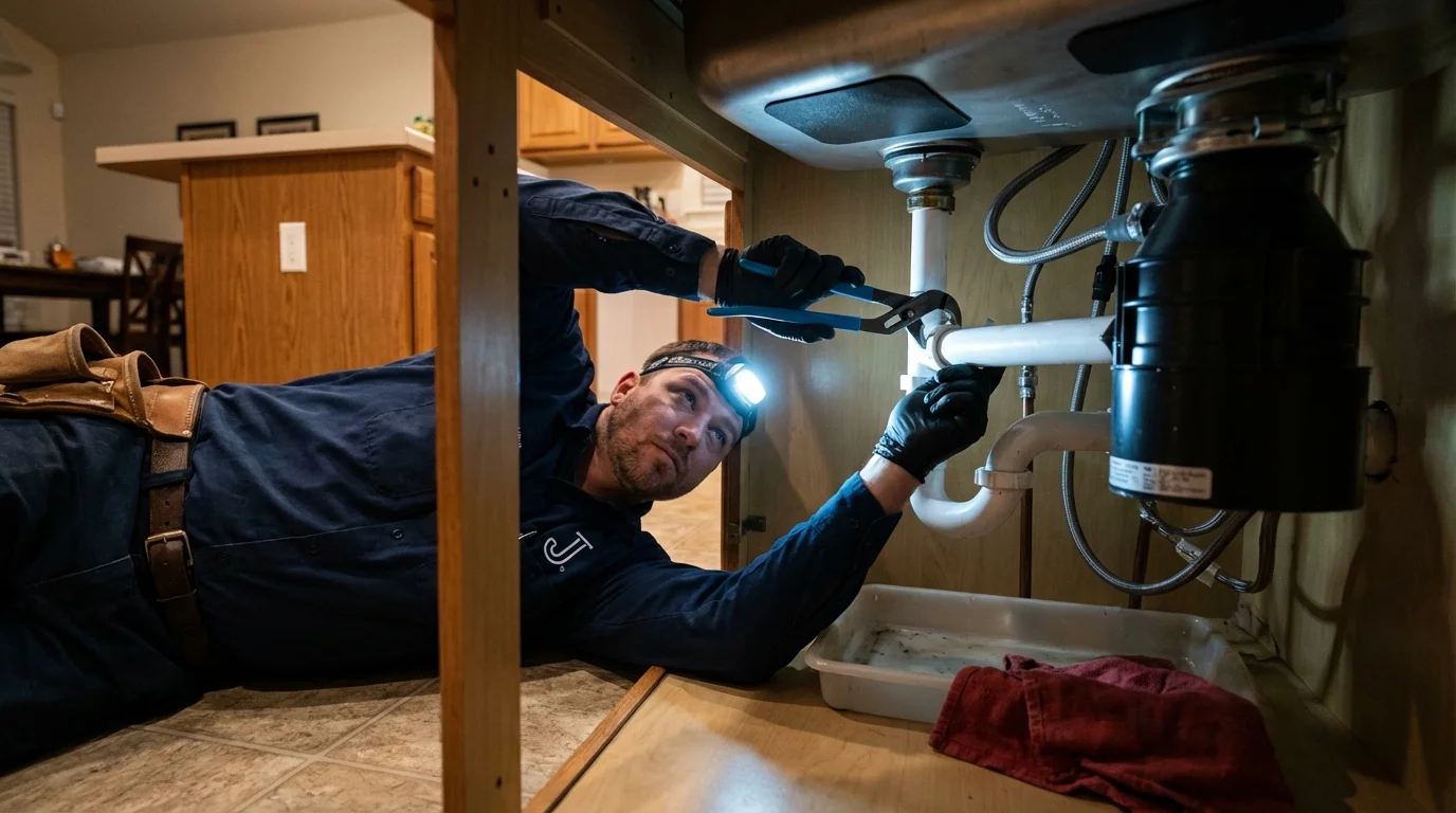 P-trap and supply line connections under a kitchen sink showing a common leak point in Eaton, OH